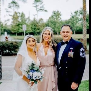 Champagne with a hint of rose, gold band at the throat line Xscape size 2 dress